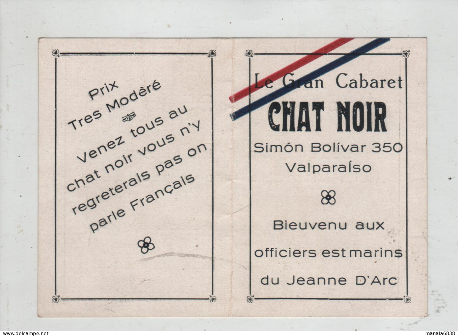 Cabaret Chat Noir Valparaiso Officiers Marins Du Jeanne D'Arc Matafs Filles Liqueurs Nuits Viennoises - Sonstige & Ohne Zuordnung
