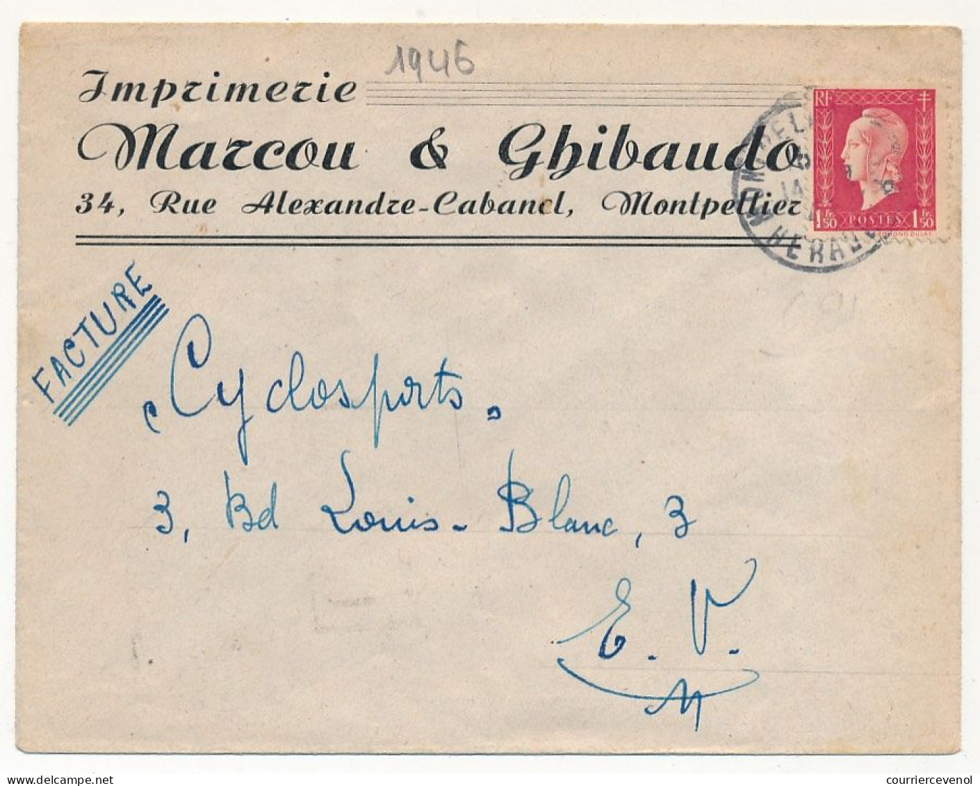 FRANCE - Env. En-tête "Imprimerie Marcou & Ghibaudo, Montpellier" 1945 Affr 1,50 Dulac - Druck & Papierwaren