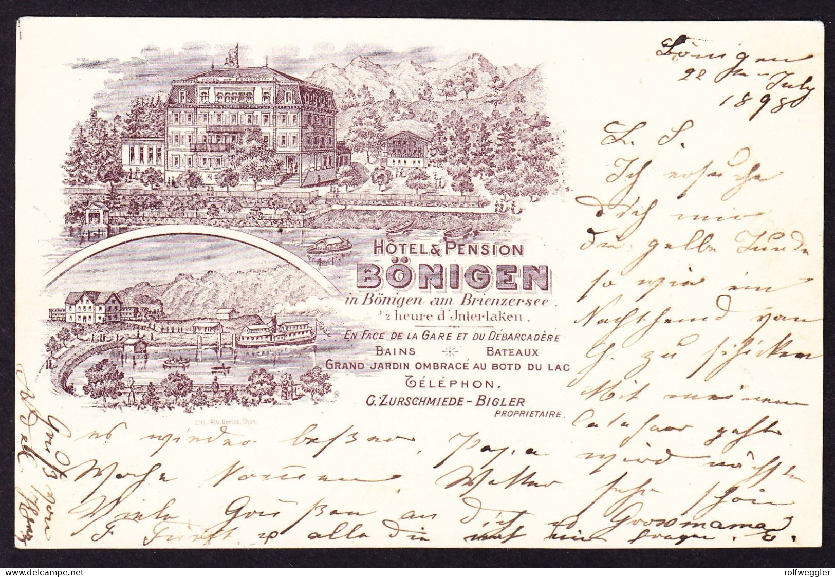 1898 Mit Bahnpost Gelaufene Werbe-Hotel Karte. Hotel Und Pension Bönigen. Blauer Kastenstempel BÖNIGEN - Bönigen