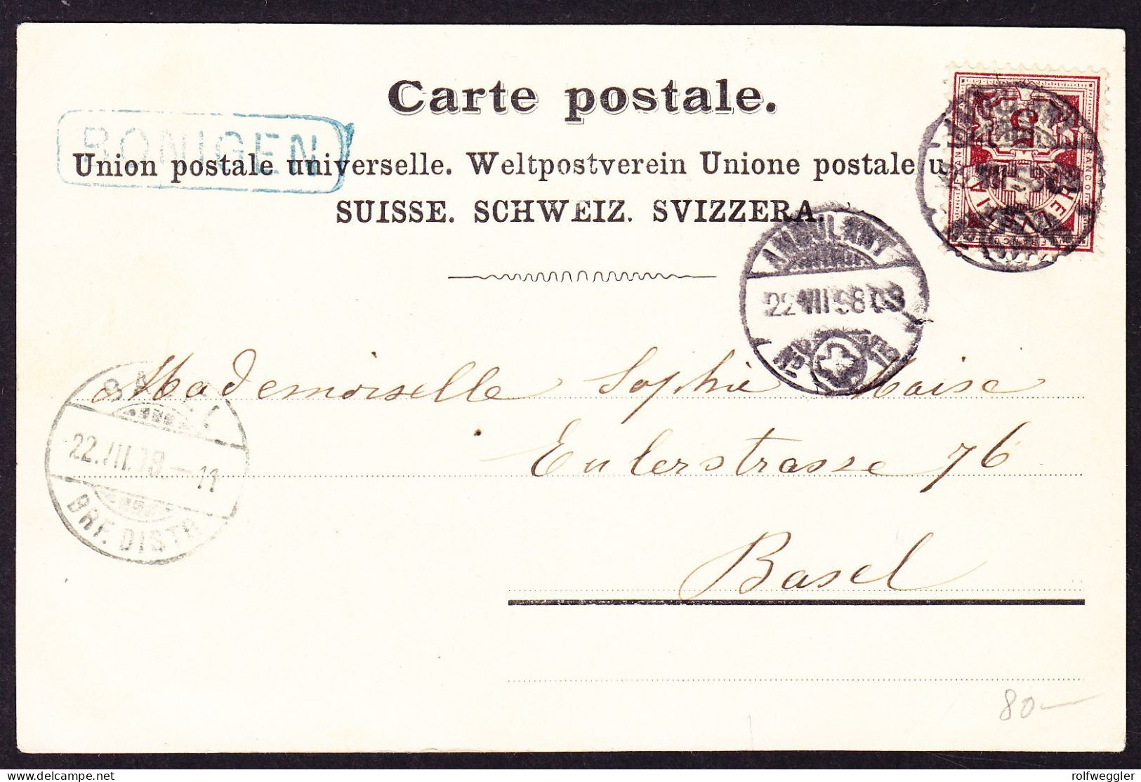 1898 Mit Bahnpost Gelaufene Werbe-Hotel Karte. Hotel Und Pension Bönigen. Blauer Kastenstempel BÖNIGEN - Bönigen