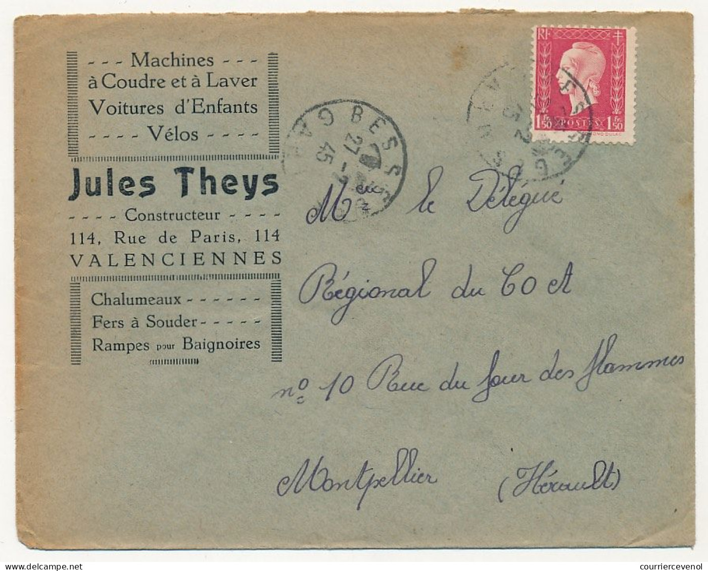FRANCE - Env. En-tête "Machines à Coudre... Vélos JULES THEYS - VALENCIENNES" 1945 Affr 1,50 Dulac - 1900 – 1949