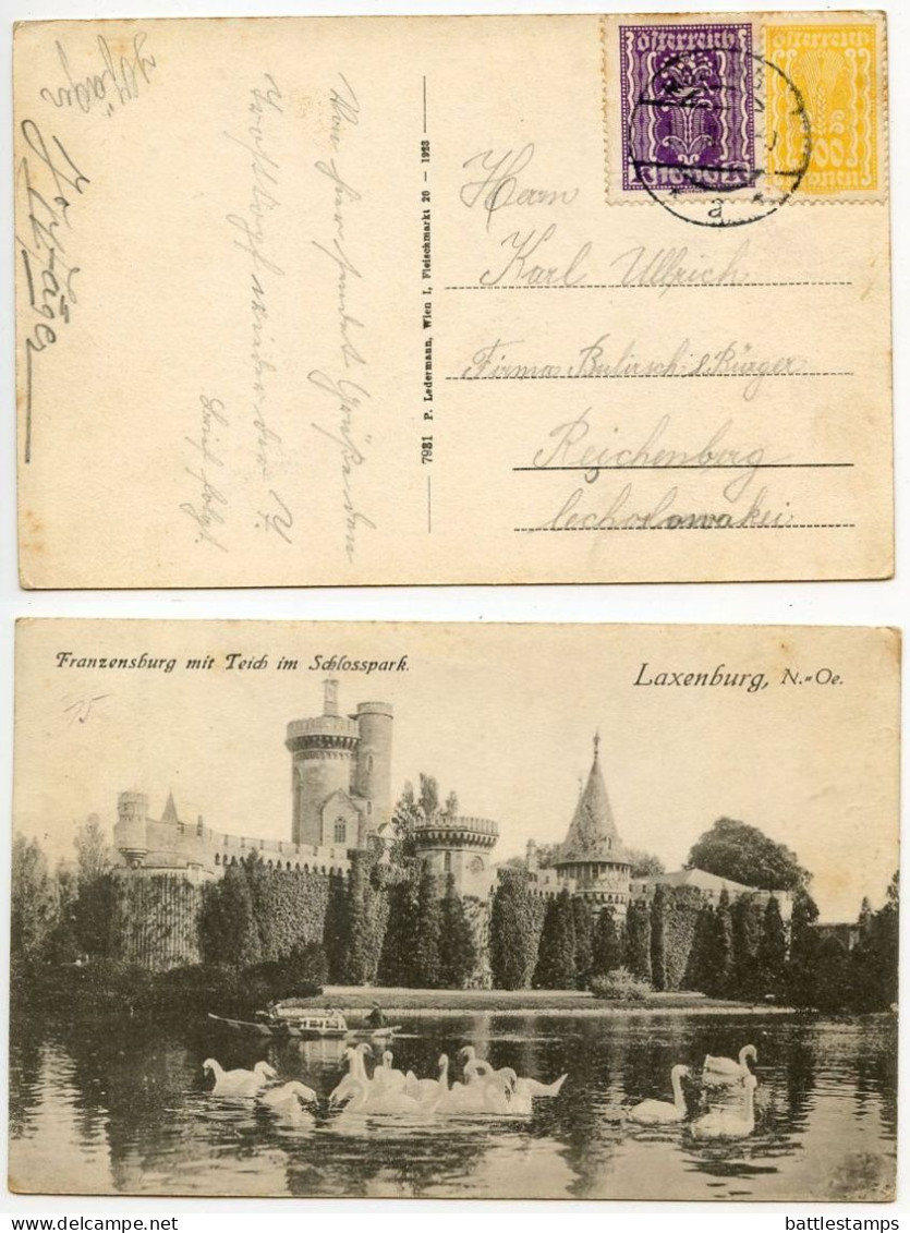 Austria 1924 Postcard - Laxenburg, Franzensburg Mit Teich Im Schlosspark; 500k. & 1000k. Stamps; Mödling Postmark - Laxenburg