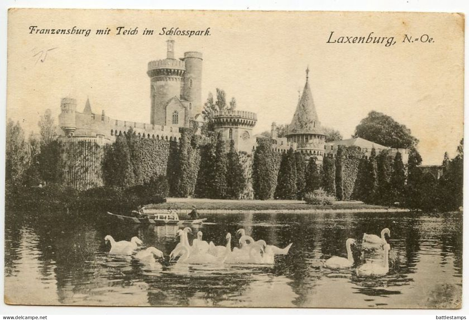 Austria 1924 Postcard - Laxenburg, Franzensburg Mit Teich Im Schlosspark; 500k. & 1000k. Stamps; Mödling Postmark - Laxenburg