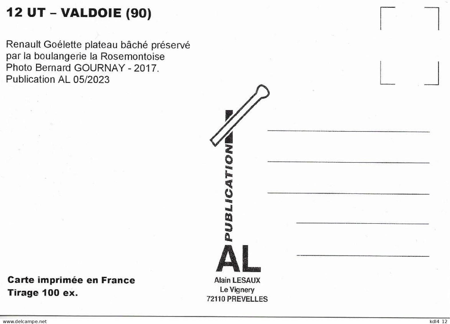 AL UT 012 - Renault Goélette Plateau Bâché De La Boulangerie La Rosemontoise - VALDOIE - Valdoie