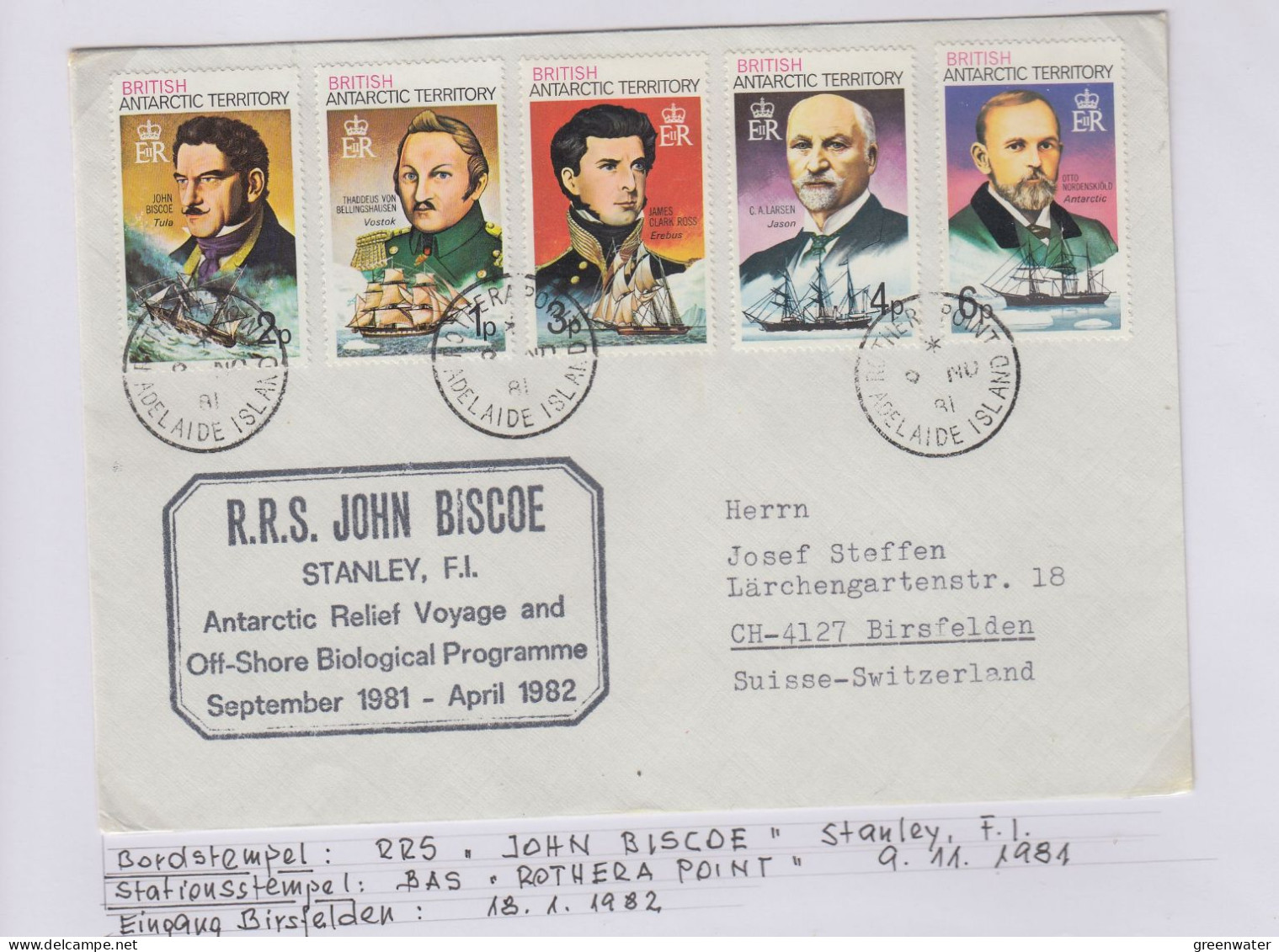 British Antarctic Territory (BAT) Ca RRS John Biscoe Ca Rothera Base, Ca Rothera Point Adelaide Island 9 NO 1981 (TR175) - Lettres & Documents