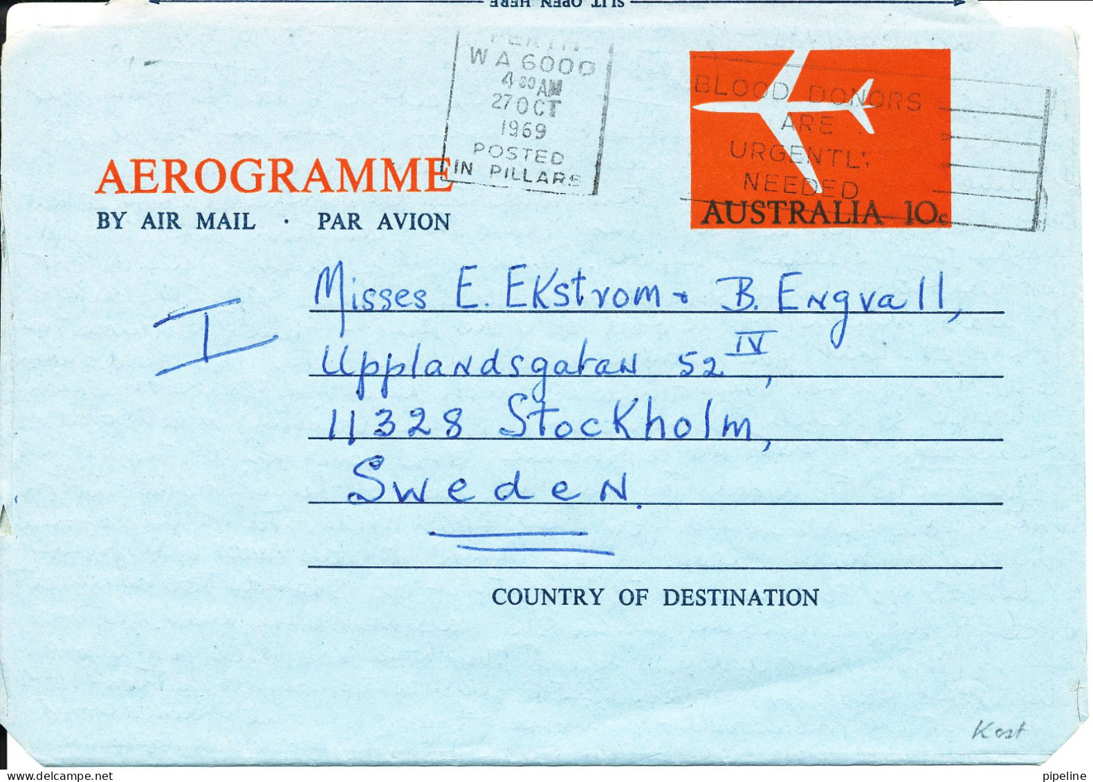 Australia Aerogramme Sent To Sweden Perth 27-10-1969 - Luchtpostbladen