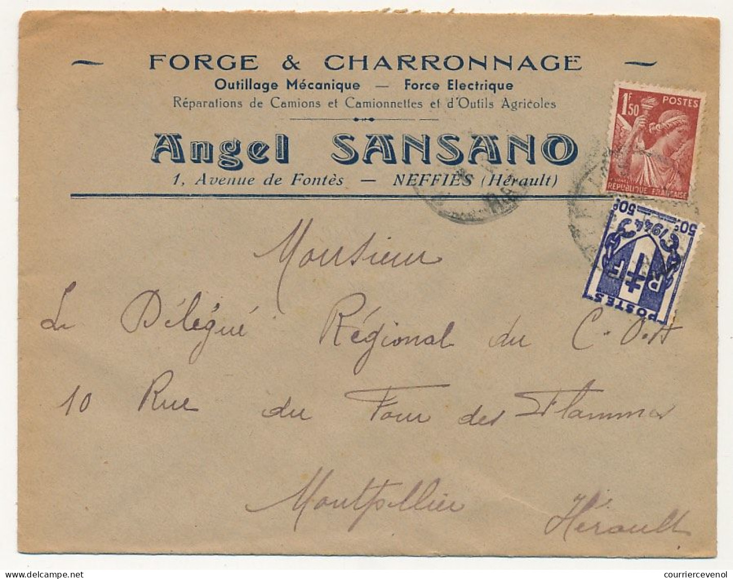 FRANCE - Env. En-tête "Forge Et Charronnage  ANGEL SANSANO" - NEFFIES (Hérault) - 1900 – 1949