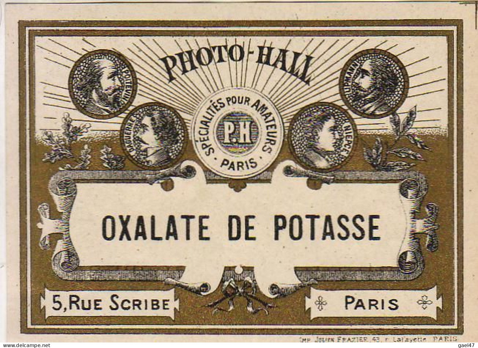 PHOTO HALL Paris Rue Scribe  ÉTIQUETTE DORÉE DE BAIN PHOTOGRAPHIQUE   ......... OXALATE DE PÖTASSE - Materiale & Accessori