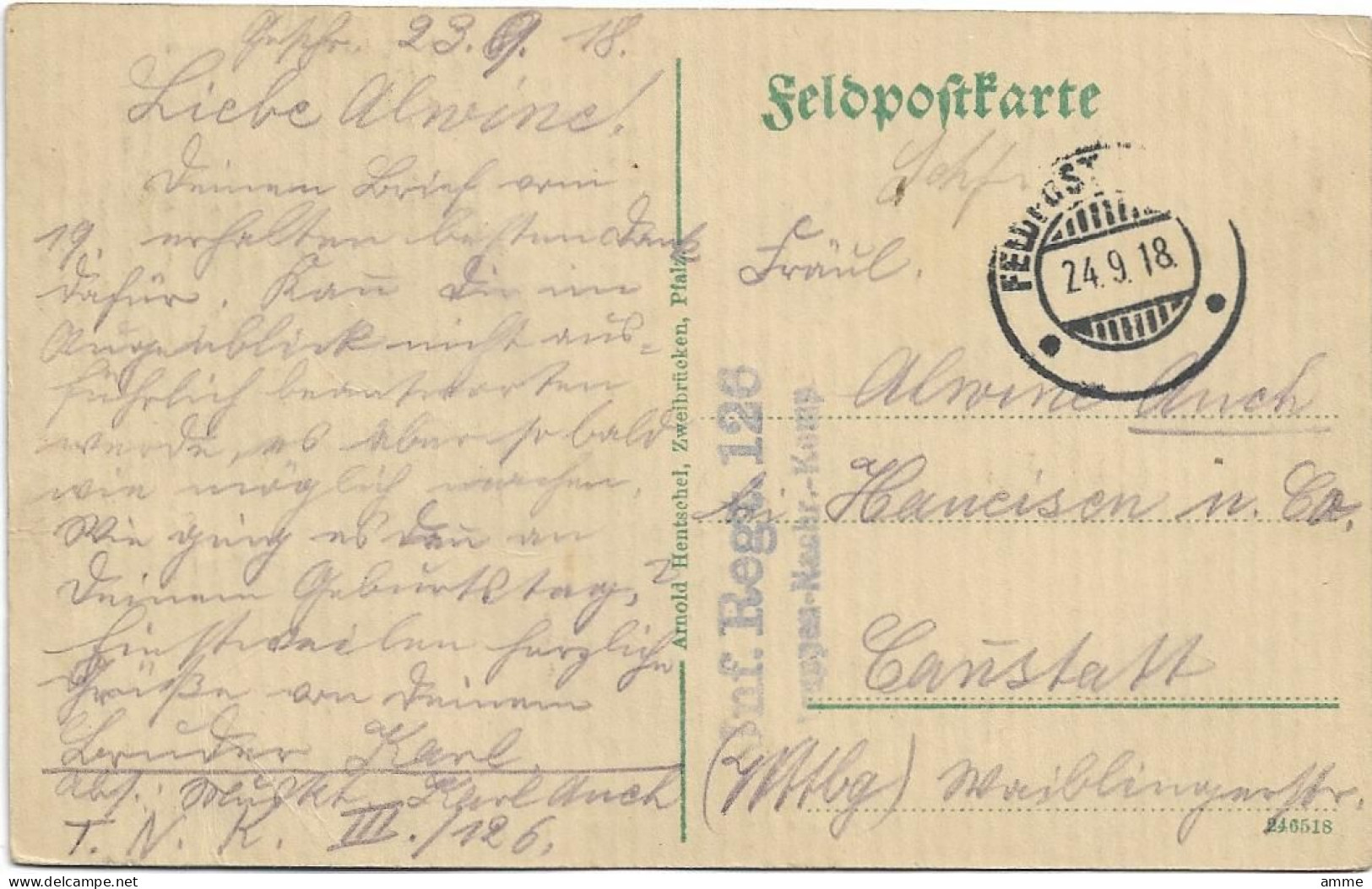 Kortemark   *  Strasse Zwischen Werken - Zarren  (Feldpost Inf. Reg. 126) - Kortemark