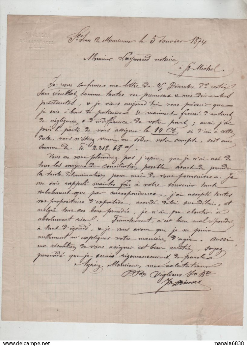 Viglieno Entrepreneur Saint Jean De Maurienne 1874 Assignation Laymond Notaire - Manuscrits