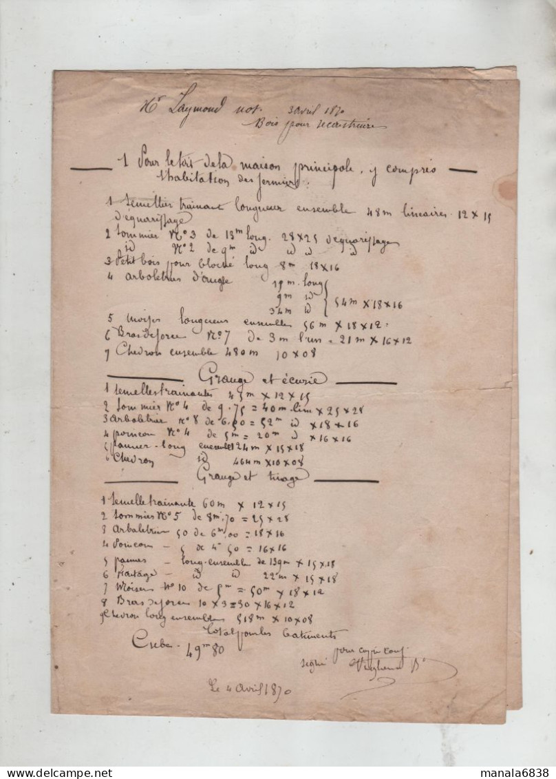 Laymond Notaire 1870 Bois Pour Reconstruire Maison Habitation Fermiers Grange écurie Suite Incendie - Manuscritos