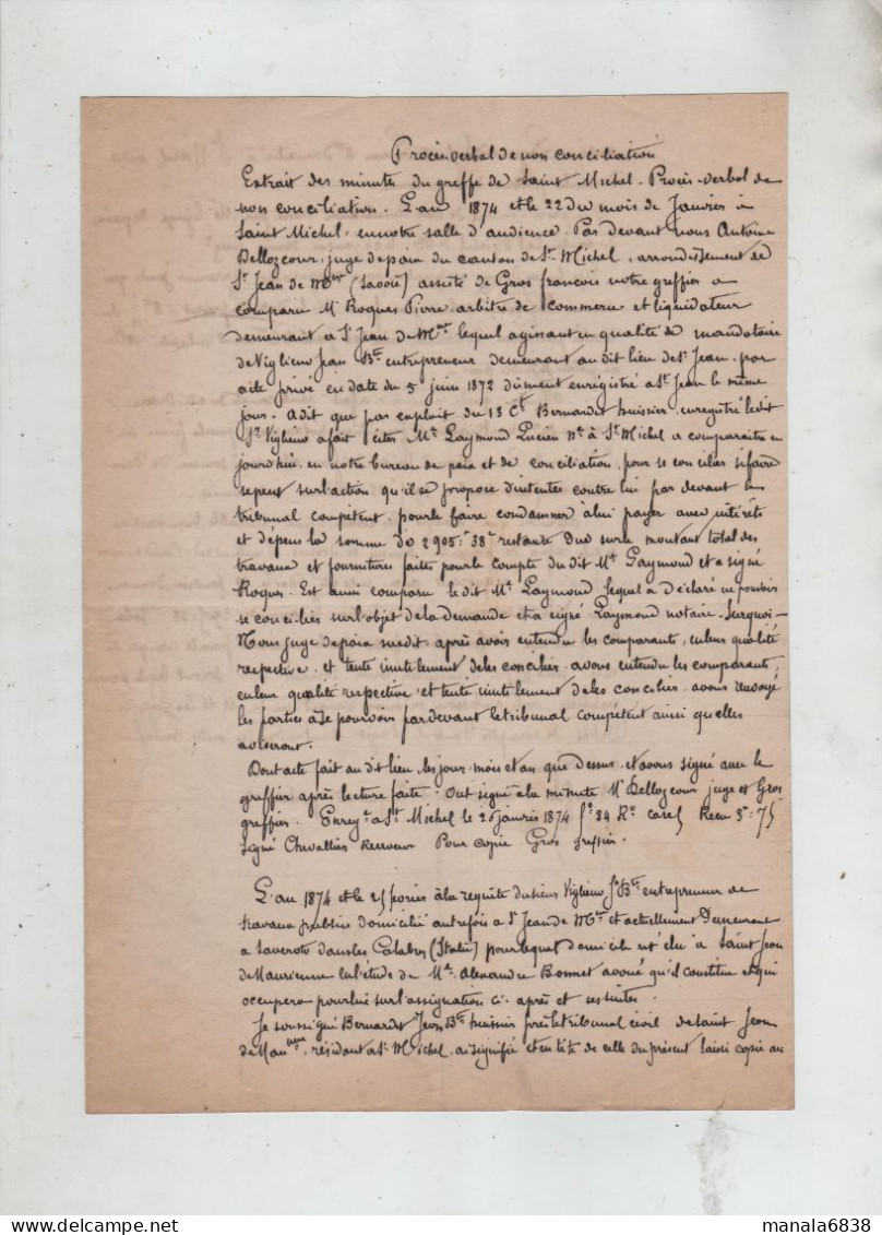 Laymond Viglieno Entrepreneur Procès Verbal De Non Conciliation 1874 Saint Michel De Maurienne - Manuskripte