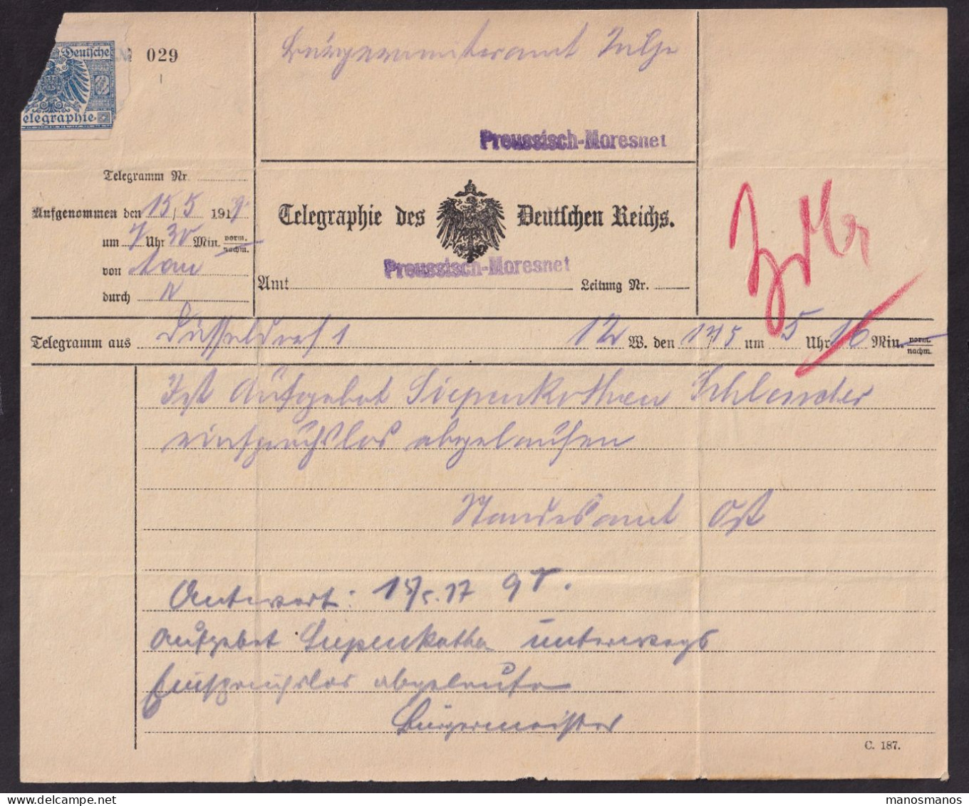 186/39 - CANTONS DE L'EST - Télégramme Deutsches Reich 1917, Vers PREUSSISCH MORESNET - RARE Griffe Violette - Telegramas