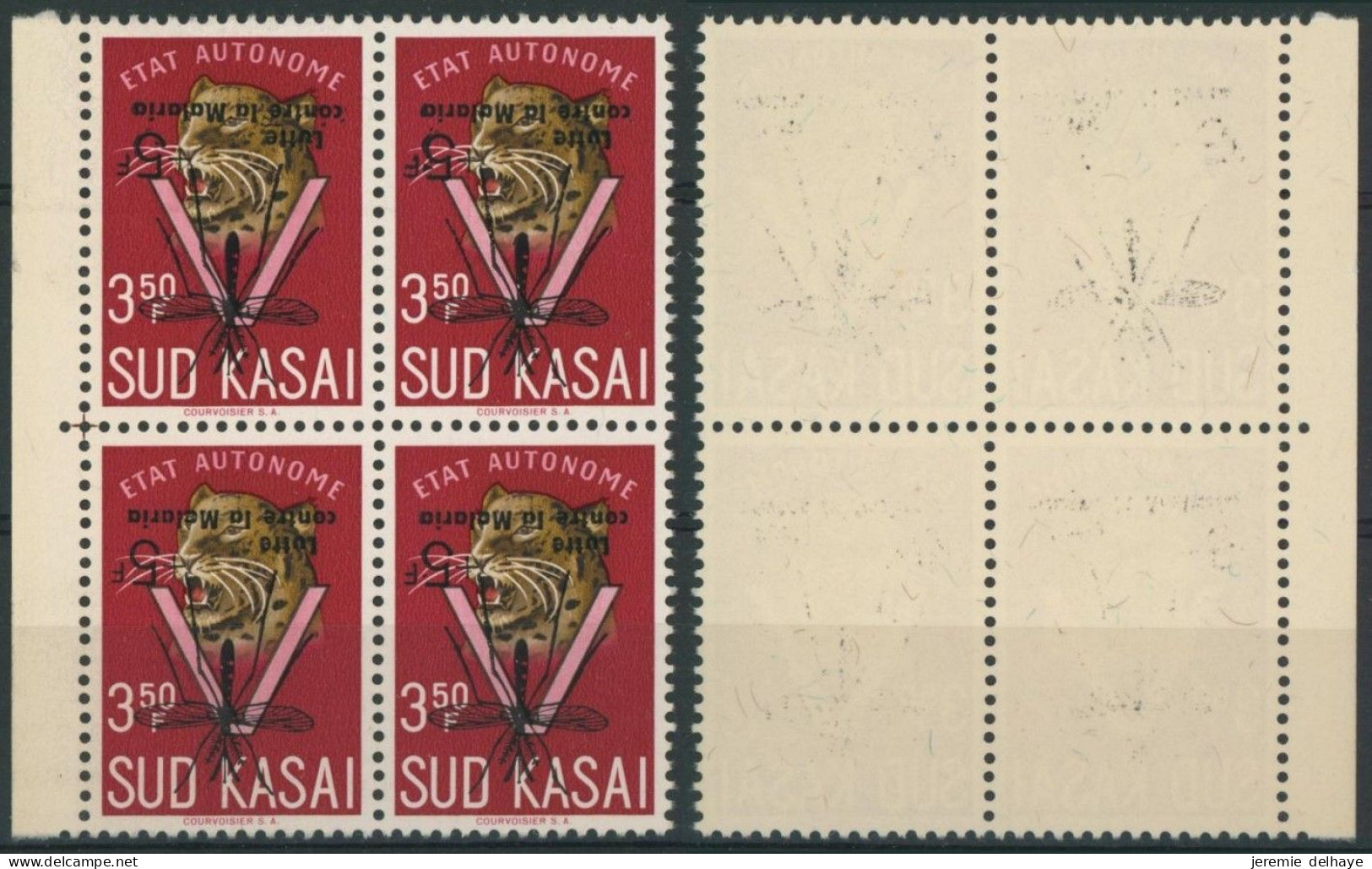 Sud-Kasaï (1961) - N°22B ** (MNH) En Bloc De 4 Surcharge "Lutte Contre La Malaria", Surcharge Renversée ! Non Catalogué. - South-Kasaï