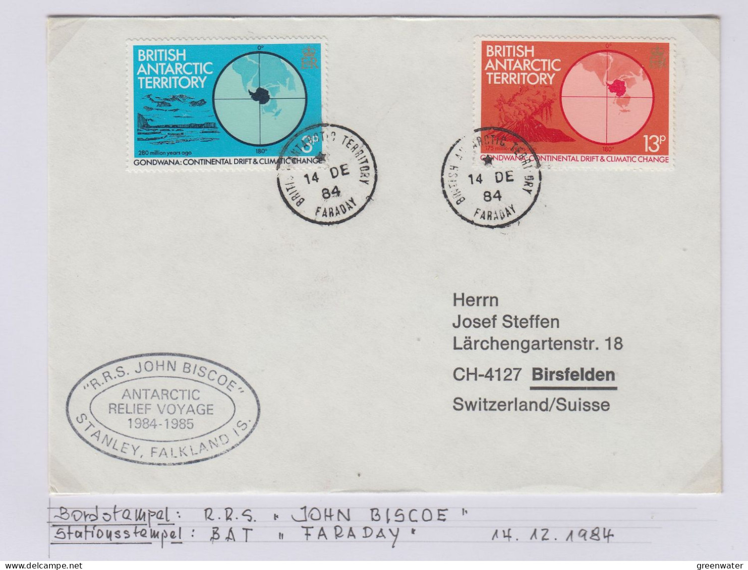 British Antarctic Territory (BAT) Ca RRS John Biscoe , Ca Faraday 14 DE 1984 (TR176B) - Storia Postale