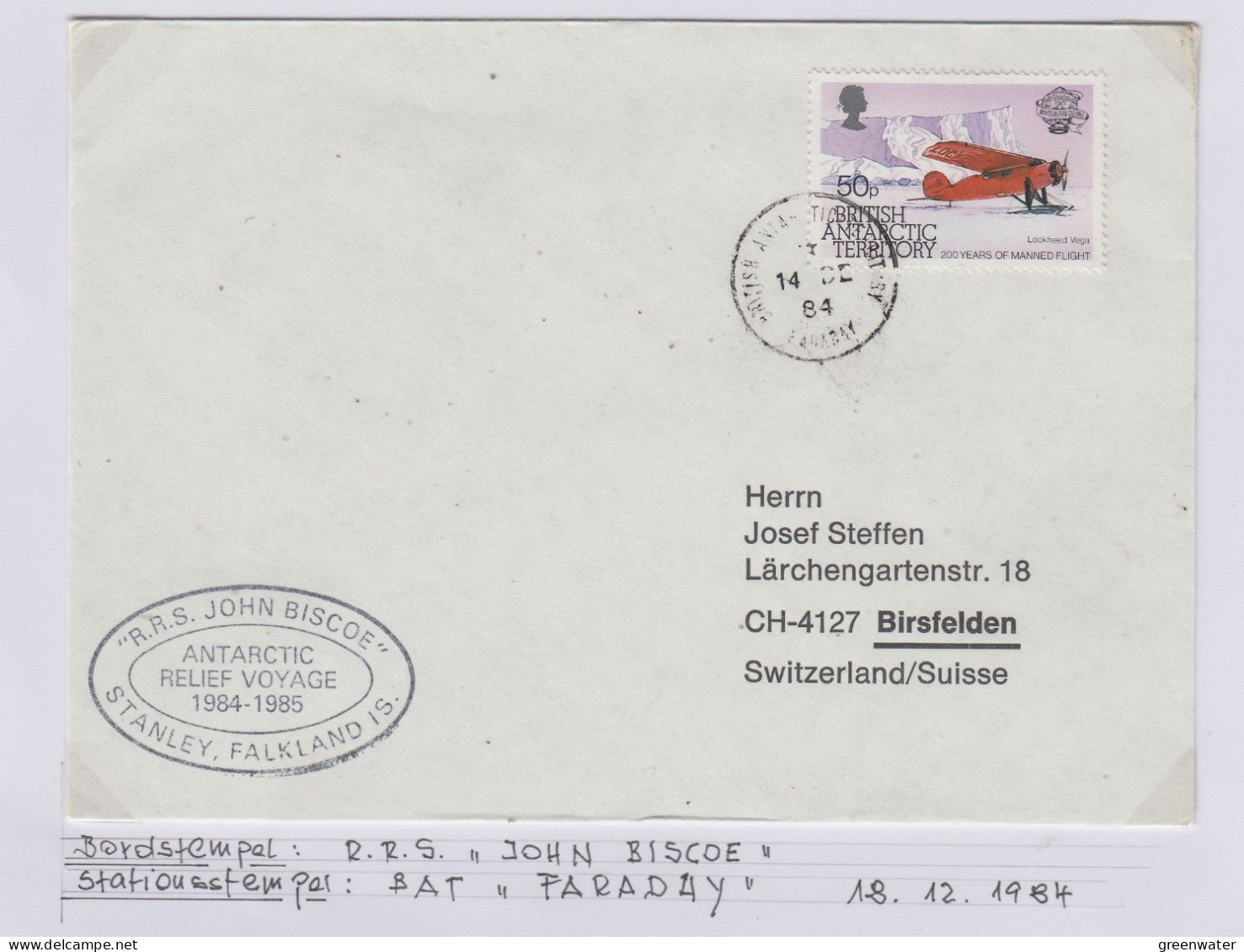 British Antarctic Territory (BAT) Ca RRS John Biscoe , Ca Faraday 14 DE 1984 (TR176C) - Covers & Documents