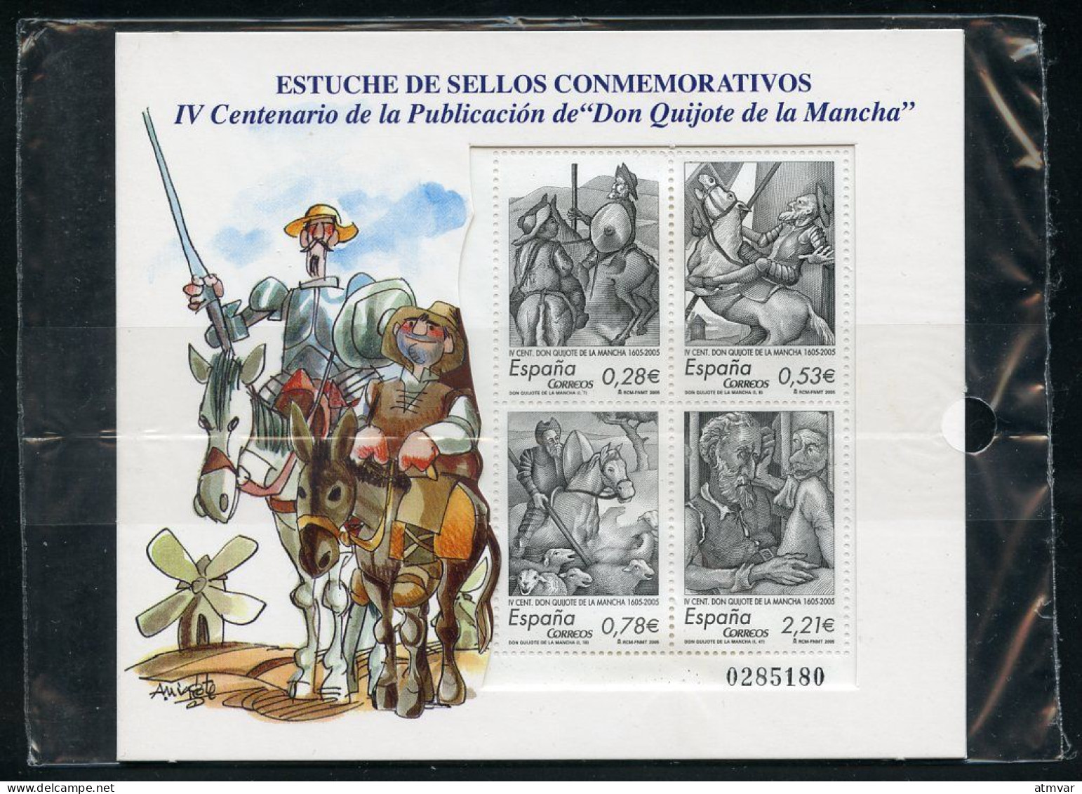 ESPAÑA (2005) Estuche Sellos Conmemorativo IV Centenario Publicación Don Quijote De La Mancha 1605, Cervantes, Mingote - Feuillets Souvenir