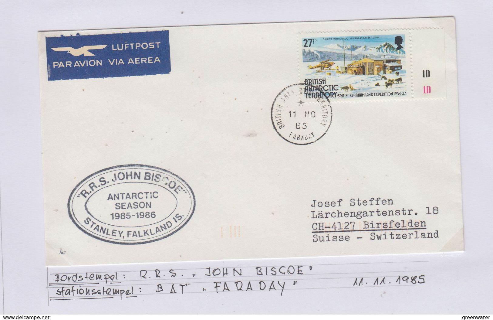 British Antarctic Territory (BAT) Ca RRS John Biscoe,Ca Faraday 11 NO 1985 (TR177A) - Storia Postale