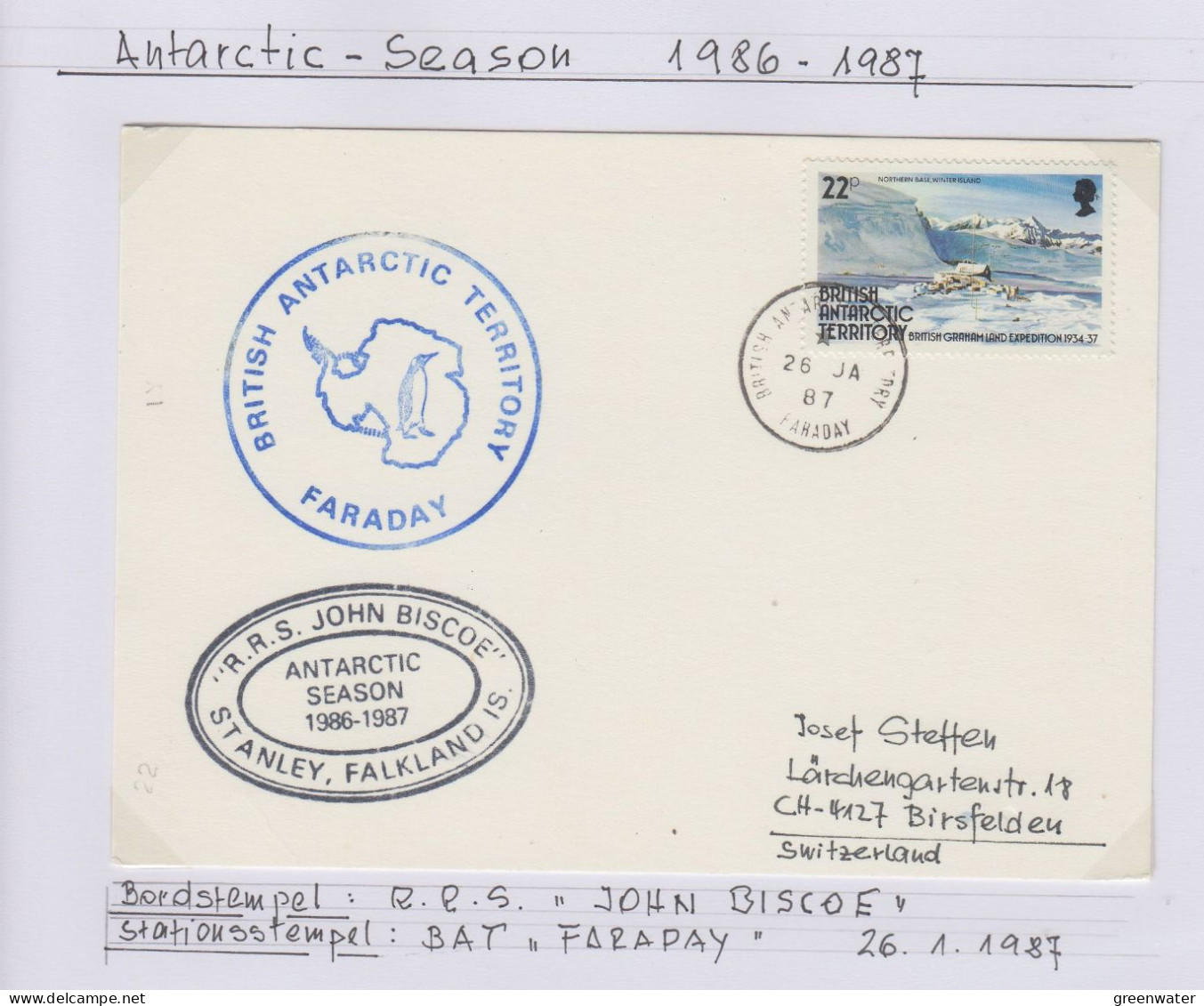 British Antarctic Territory (BAT) Ca RRS John Biscoe,Ca Faraday 26 JA 1987 (TR177B) - Covers & Documents