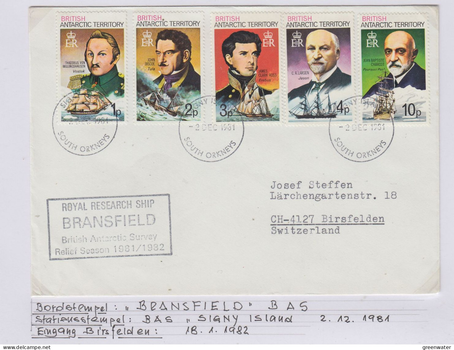 British Antarctic Territory (BAT) Ca RRS Bransfield Ca Signy South Orkneys 2 DEC 1981 (TR178) Ca Last Day - Storia Postale