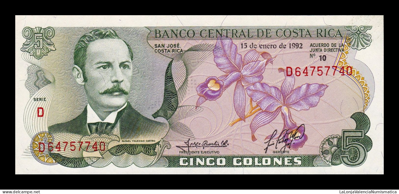 Costa Rica 5 Colones Rafael Yglesias Castro 1992 Pick 236e Sc Unc - Costa Rica