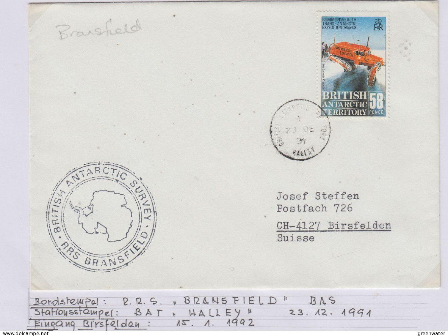 British Antarctic Territory (BAT) Ca RRS Bransfield Ca Halley 23 DE 1991 (TR178) - Storia Postale