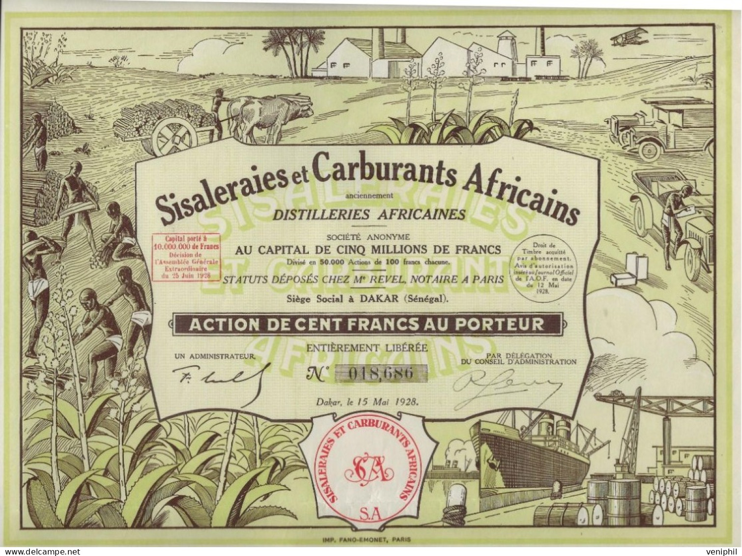SISALERAIES ET CARBURANTS AFRICAINS  - DISTILLERIES AFRICAINES - ACTION DE CENT FRANCS ILLUSTREE -ANNEE 1928 - Afrika