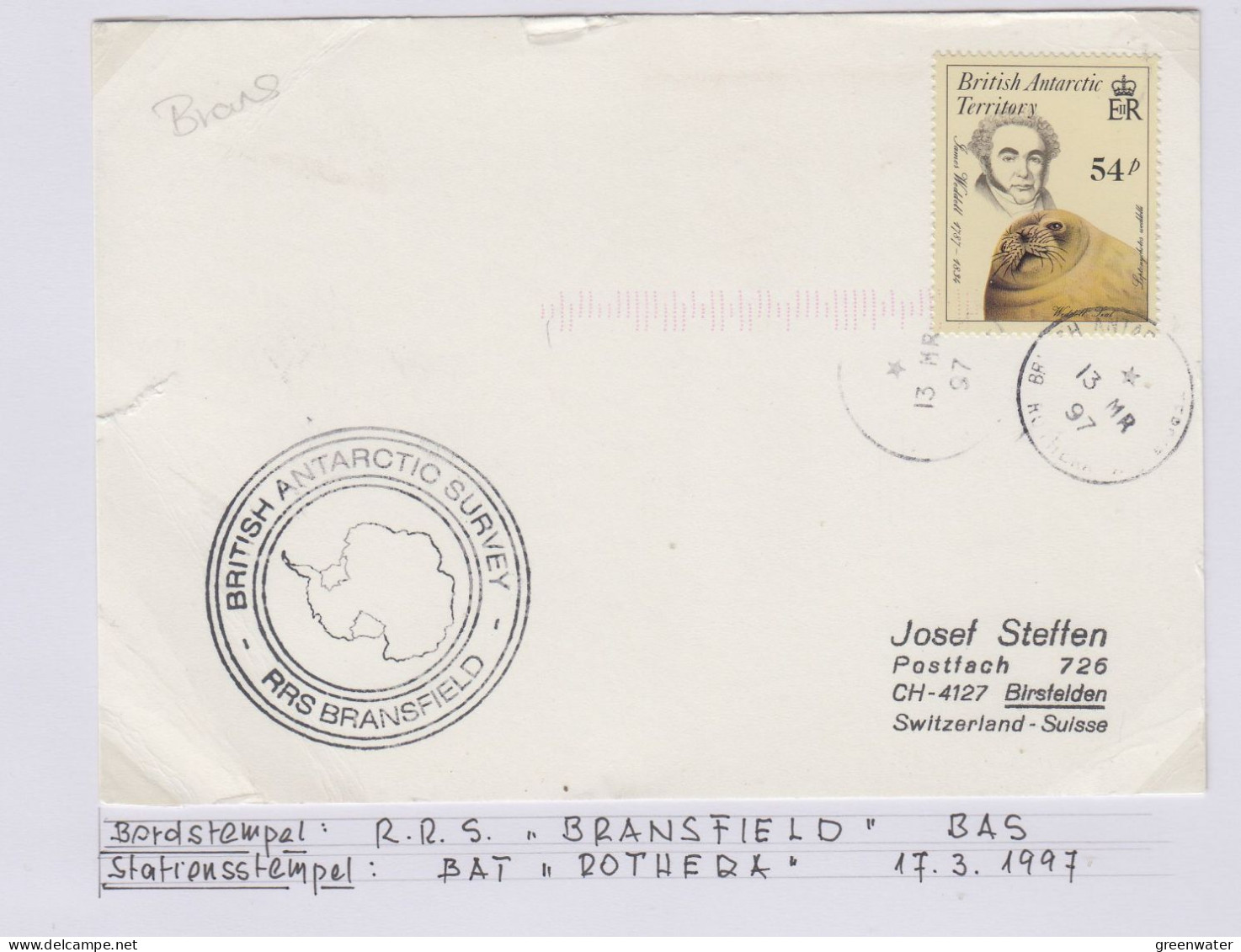 British Antarctic Territory (BAT) Ca RRS Bransfield Ca Halley 13 MR 1997 (TR179) - Covers & Documents