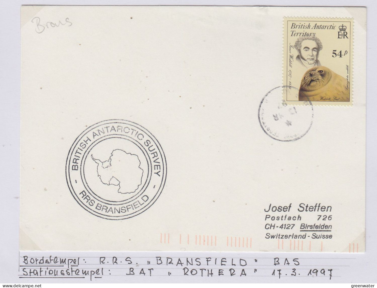 British Antarctic Territory (BAT) Ca RRS Bransfield Ca Halley 13 MR 1997 (TR179A) - Lettres & Documents