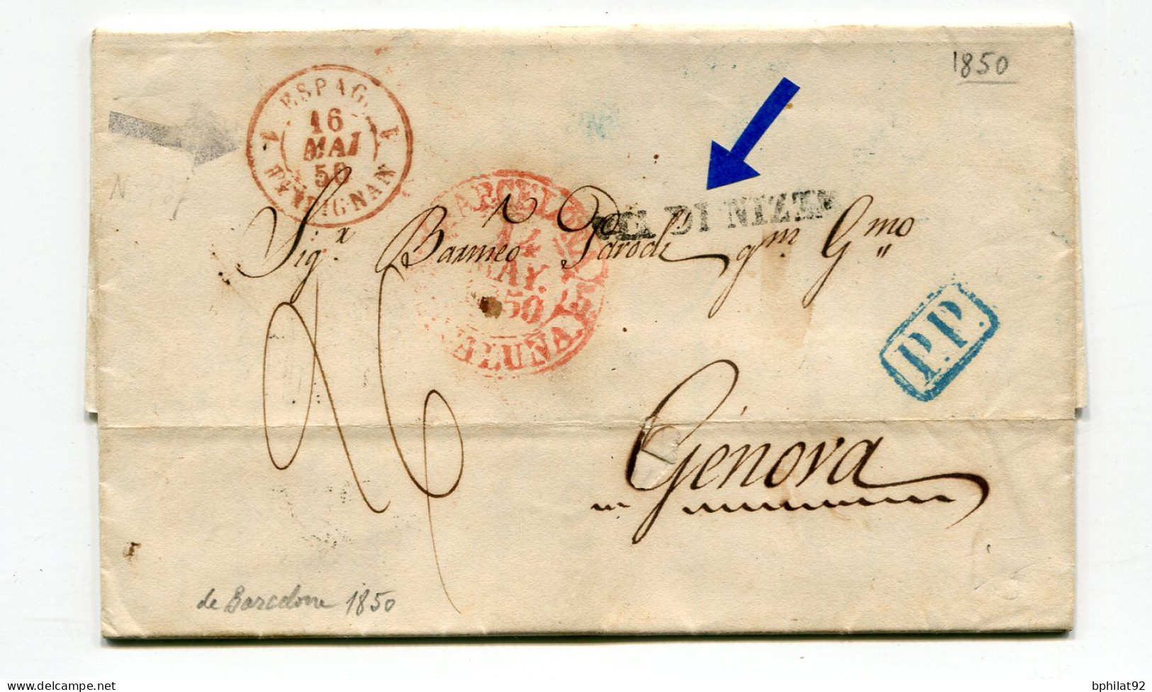 !!! LETTRE DE BARCELONNE POUR GENES DE 1850 AVEC MARQUES D'ENTREE "ESPAGNE PERPIGNAN" ET "VIA DI NIZZA" - ...-1850 Prefilatelia