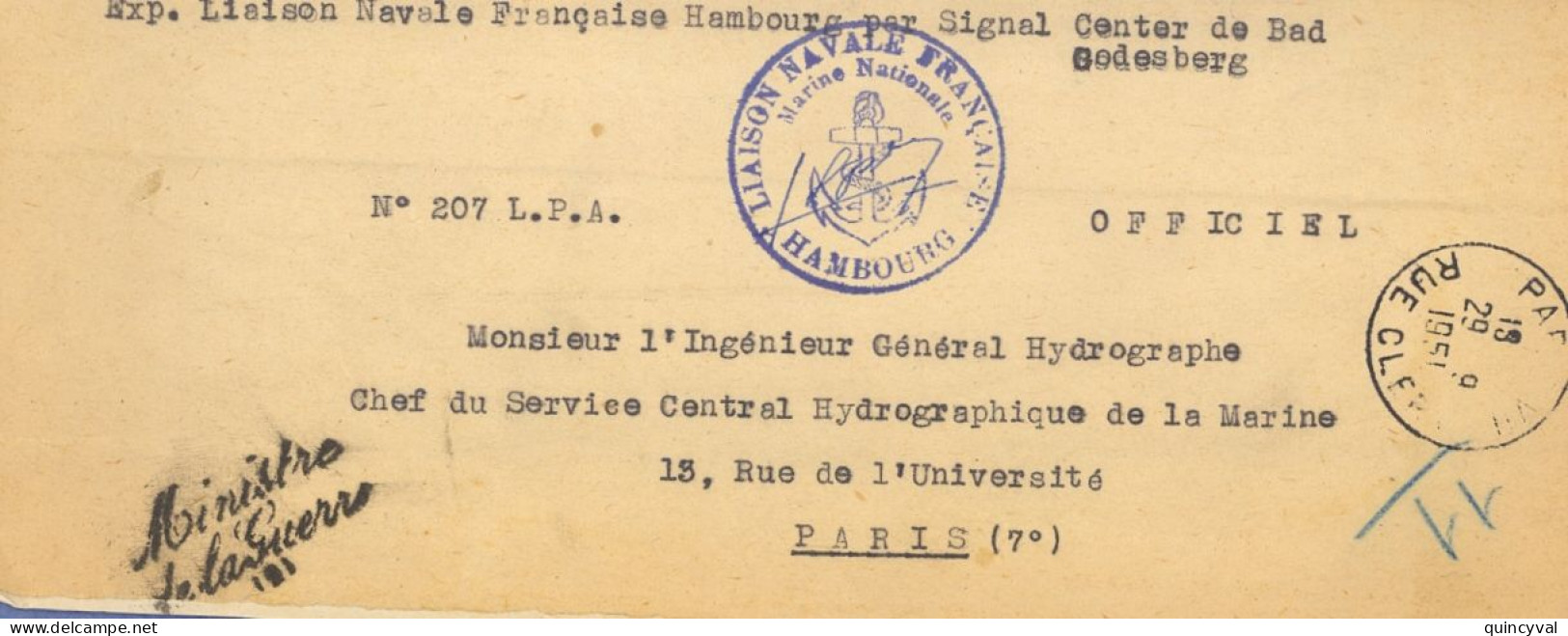 Liaison Navale Française Hambourg Signal Center  Bad Godesberg Griffe Ministre De La Guerre 1951 Paris Clery Ancre - Posta Marittima