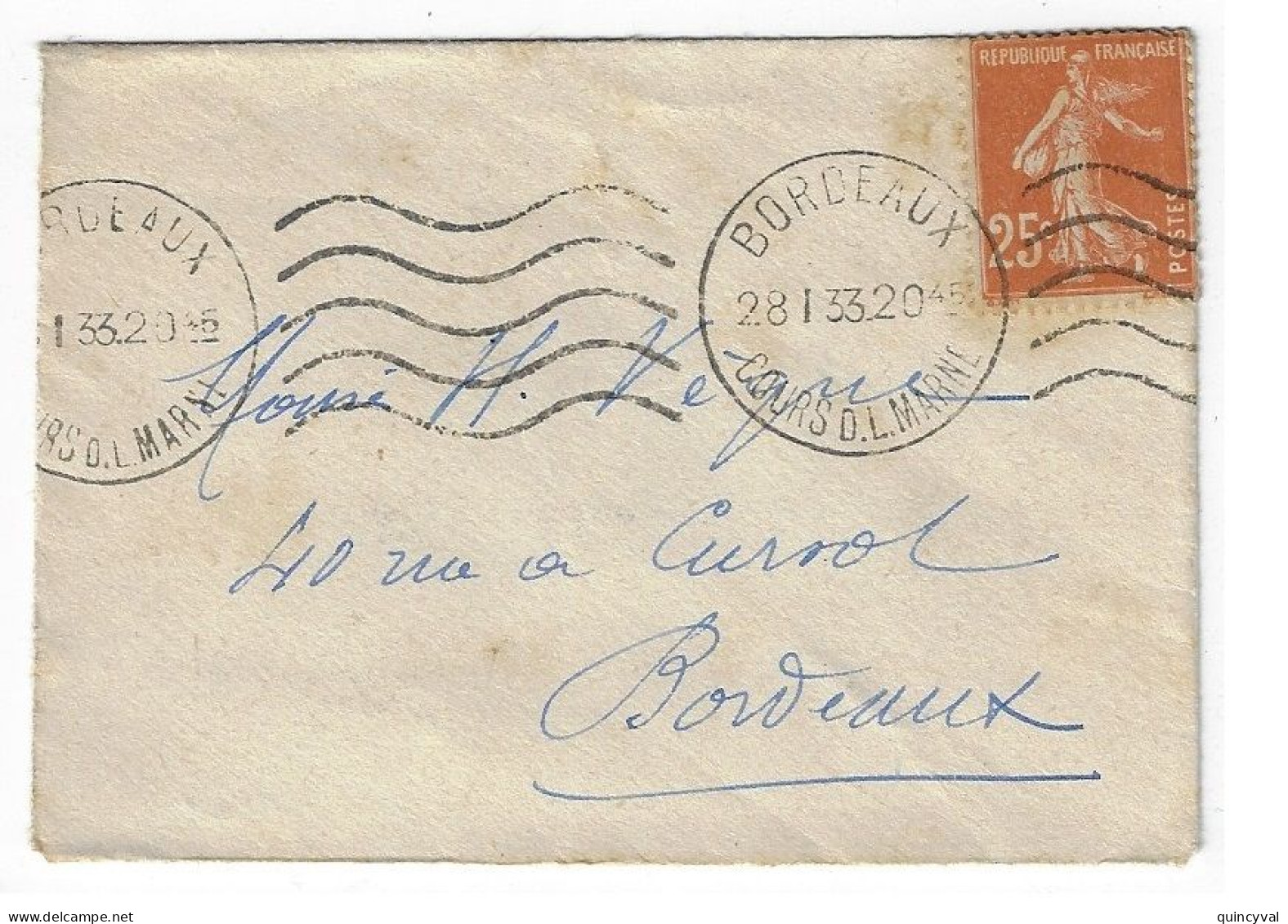 BORDEAUX Cours De La Marne 25c Semeuse Brun Enveloppe Carte De Visite Mignonnette Yv 235 Ob 1933 - Mechanical Postmarks (Other)