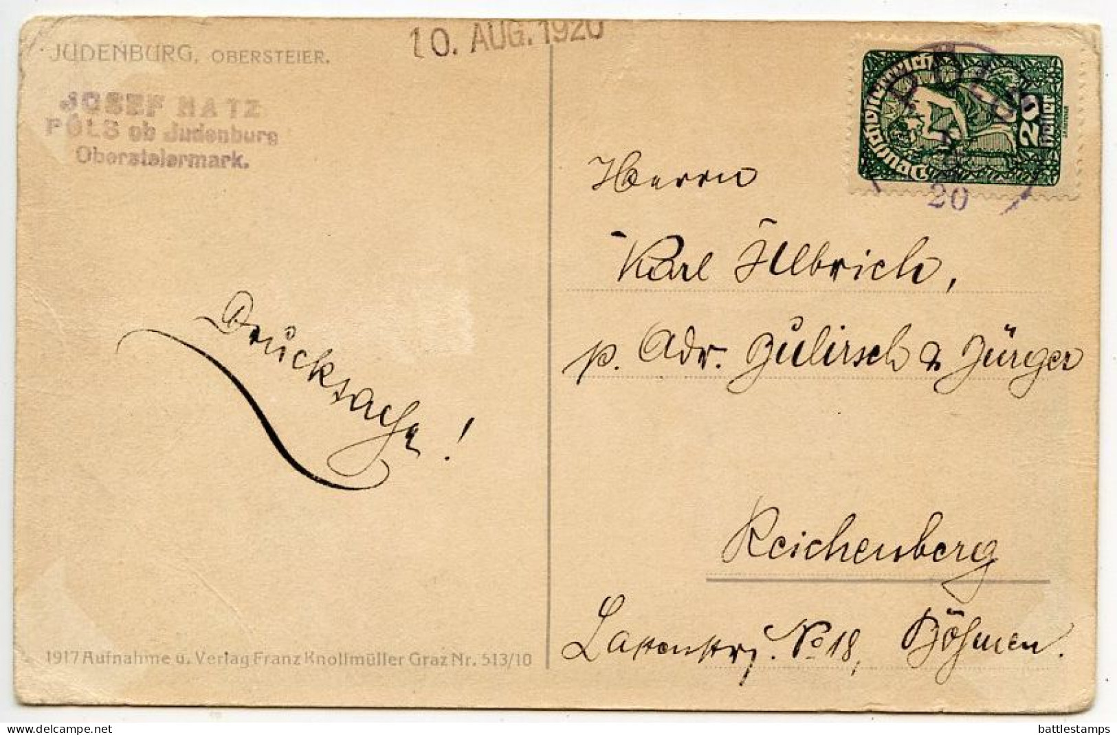 Austria 1920 Postcard - Judenburg, Obersteier; Pöls To Reichenberg (Liberec) - Judenburg