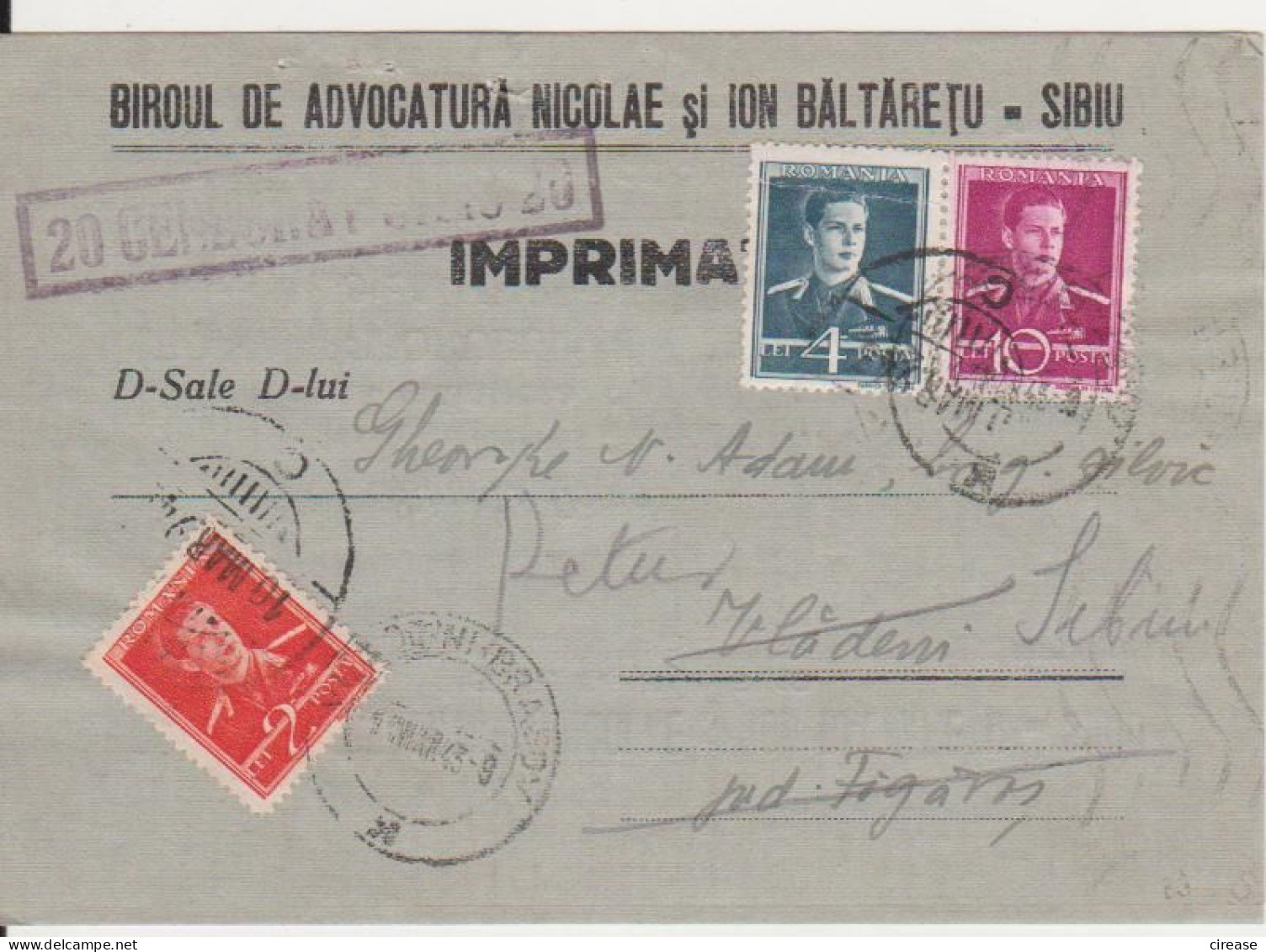 WW2 Cover 1943 Censorship, Commercial Office Lawyer, King Mihai ROMANIA - 2de Wereldoorlog (Brieven)