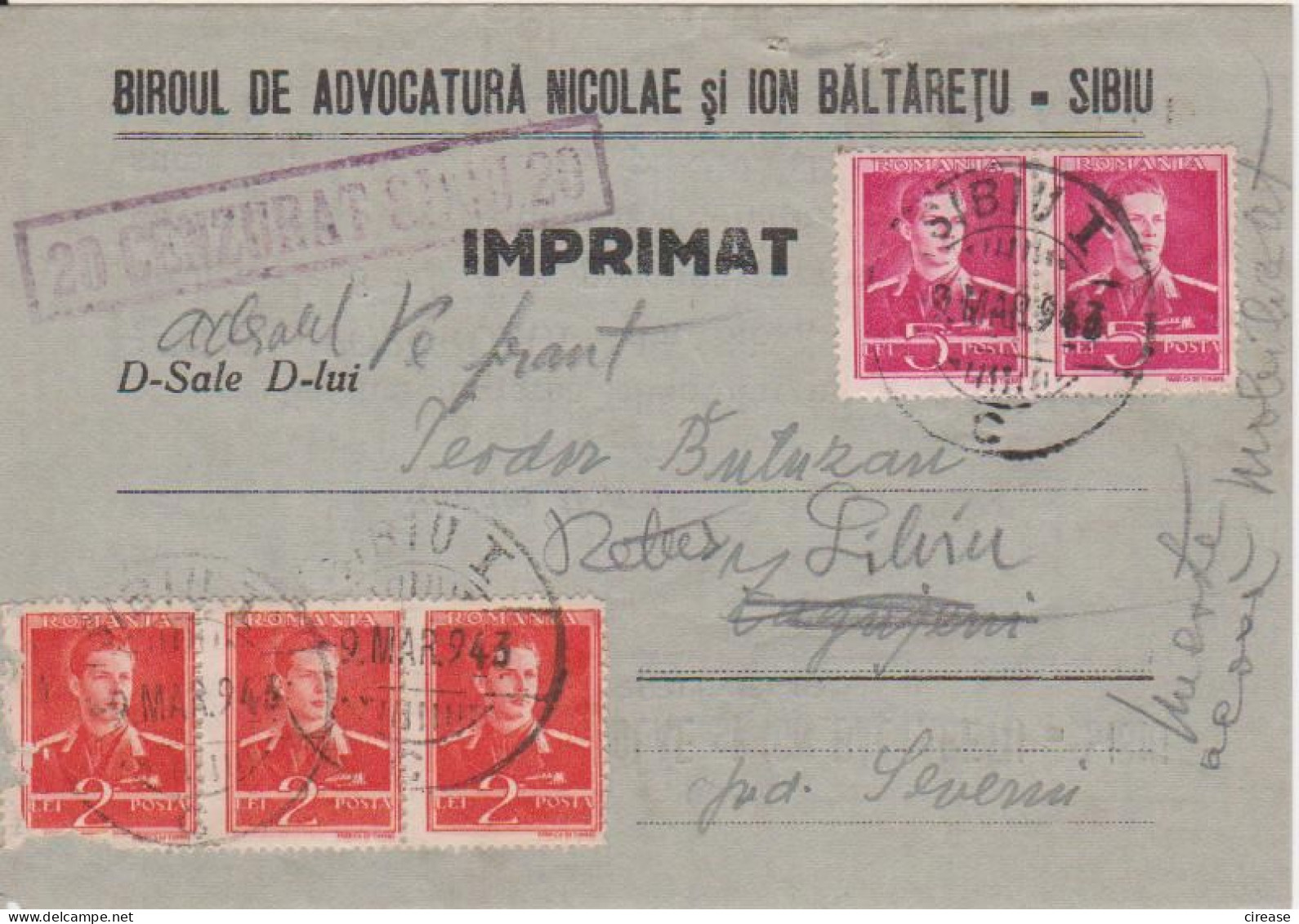 WW2 Cover 1943 Censorship, Commercial Office Lawyer, King Mihai ROMANIA - World War 2 Letters