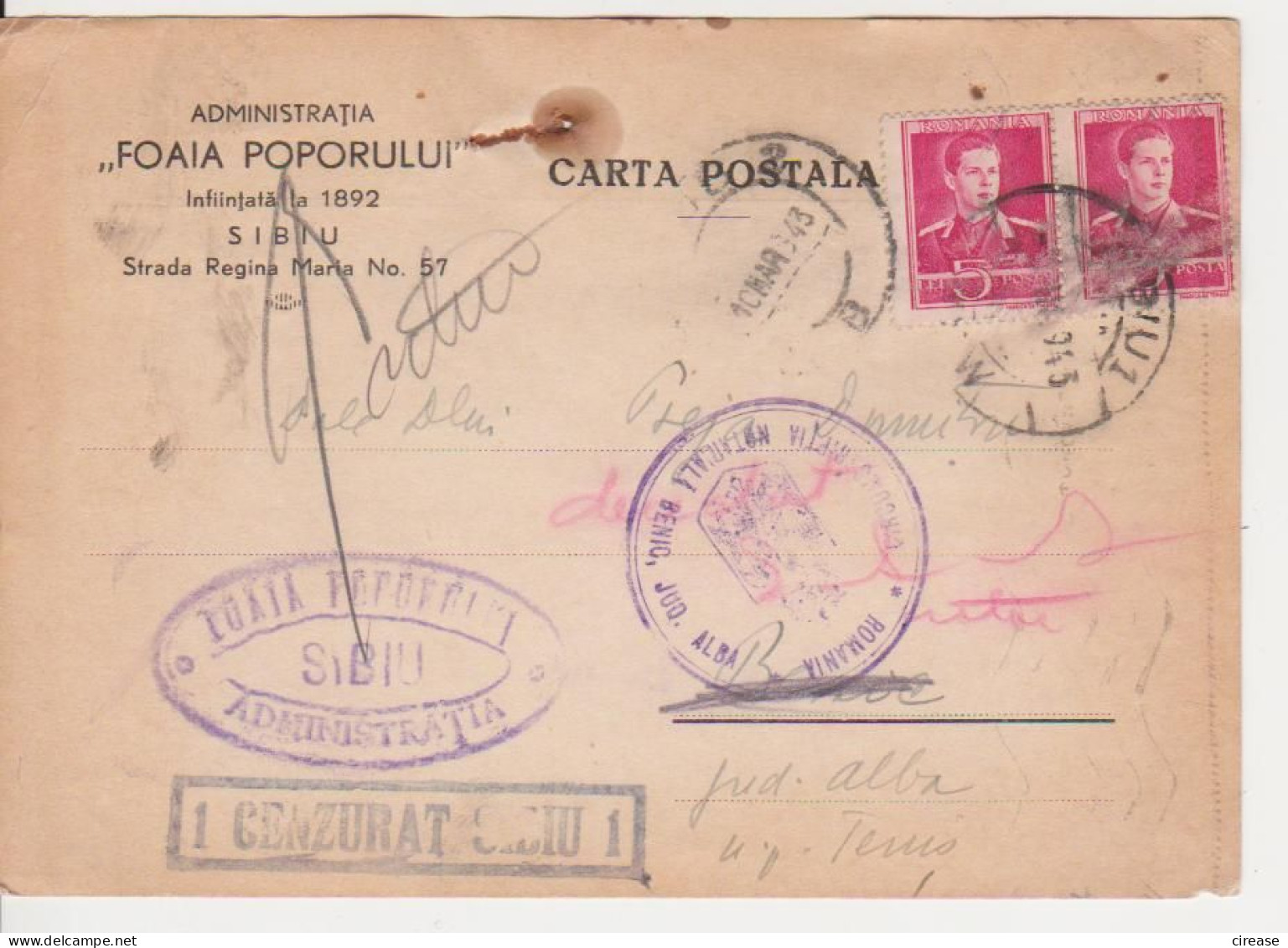 WW2 POSTCARD 1943 Censorship, King Mihai ROMANIA - World War 2 Letters