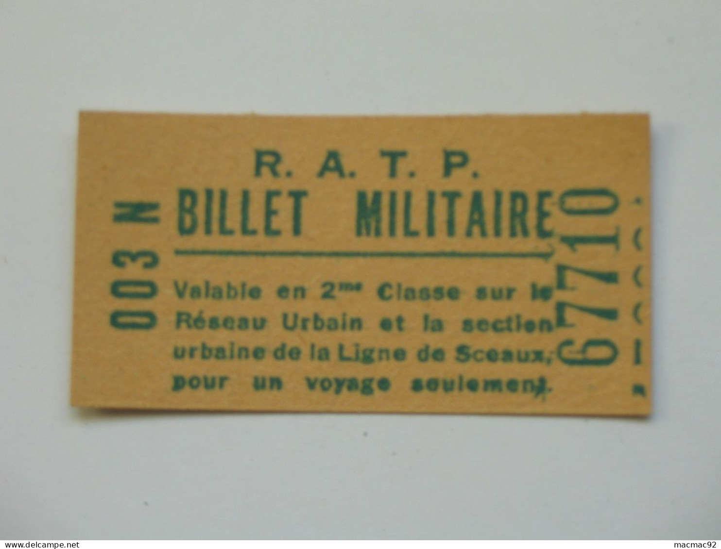 SUPERBE Billet Militaire R.A.T.P N° 67710  ***** EN ACHAT IMMEDIAT ***** - Non Classificati