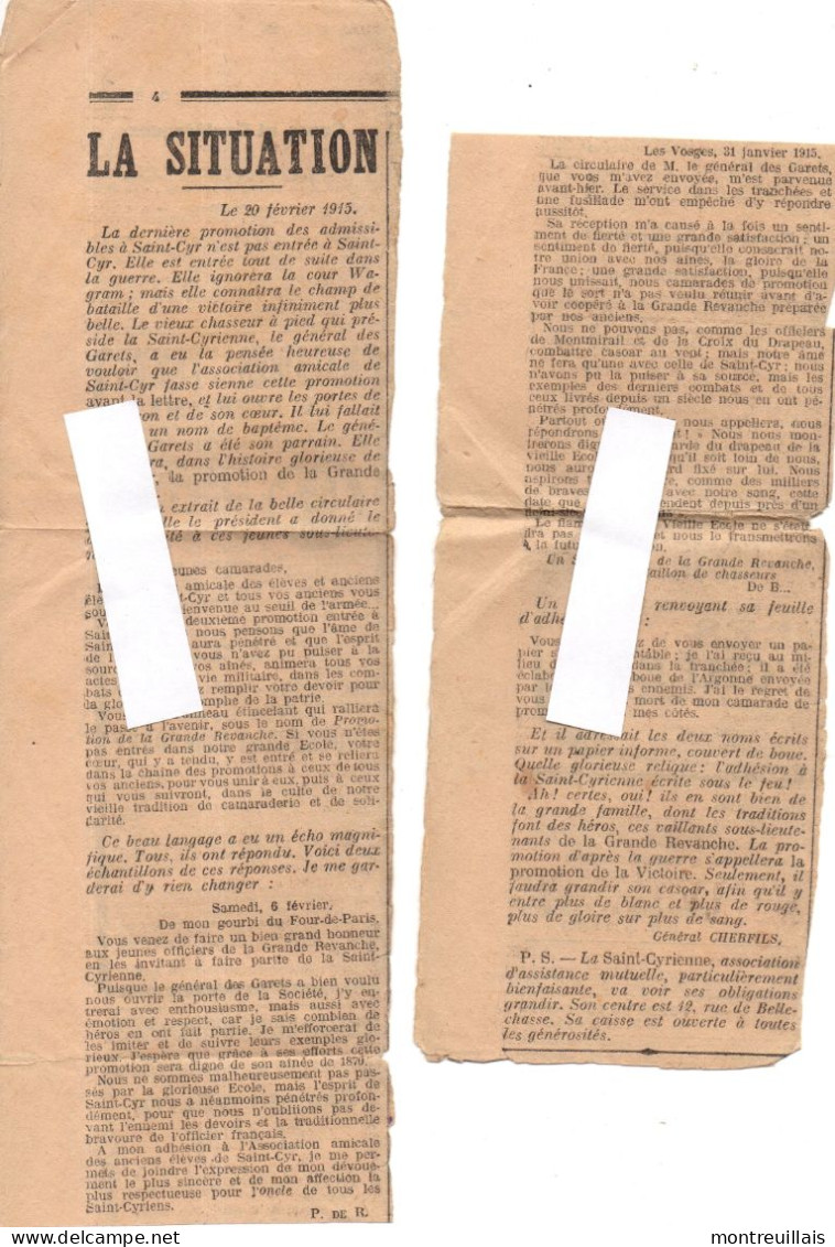 Article D'un Journal, Voeux Du Général Des GARETS, En 1915, Président Association Amicale Saint-CYR, Dernière Promotion - Documents