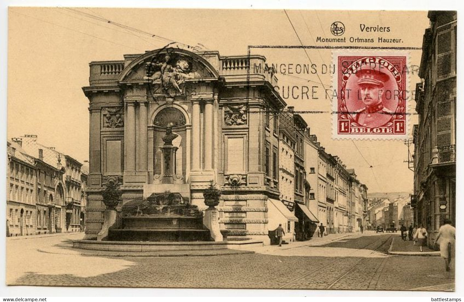 Belgium 1933 Postcard - Verviers, Monument Ortmans Hauzeur; 1fr. King Albert I; Sugar Slogan Cancel - Verviers