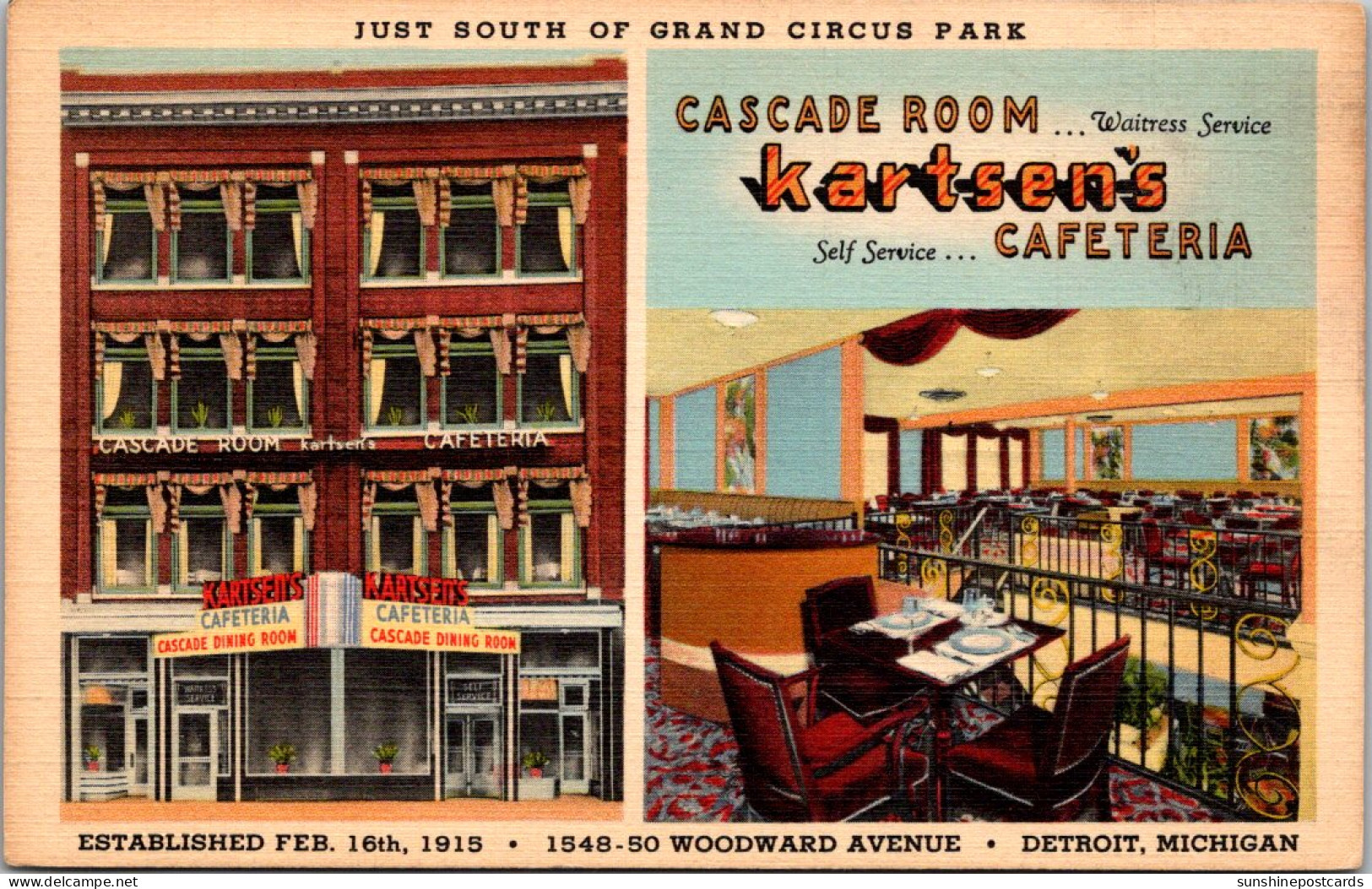 Michigan Detroit Kartsen's Cafeteria Showing Cascade Room Curteich - Detroit