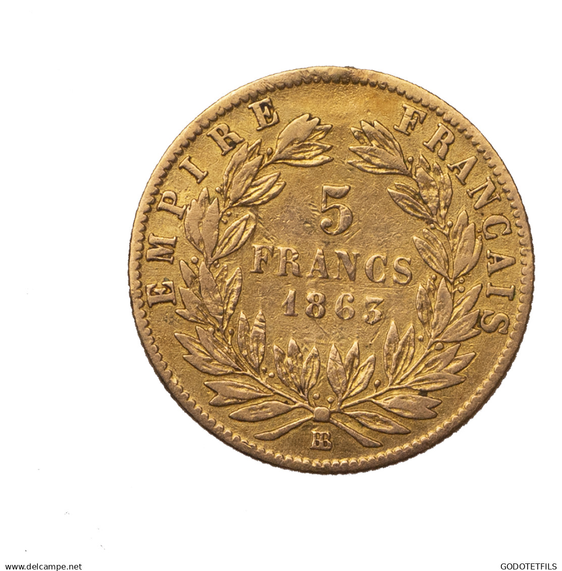 Second-Empire-5 Francs Or Napoléon III Tête Laurée 1863 Strasbourg - 5 Francs (gold)