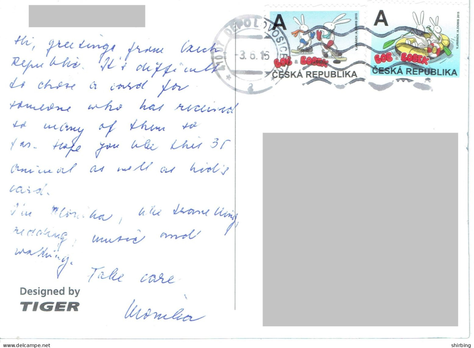 C11 : Czech Republic - Cartoon Rabbit Skating, Rowing A Boat, Stamps Used On Postcard - Lettres & Documents