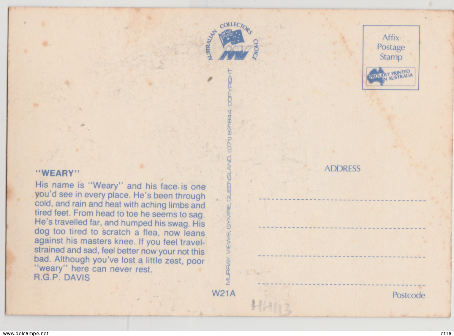 Australia QUEENSLAND QLD "Weary" Statue CHARLEVILLE Murray Views W21A Postcard C1980s - Sonstige & Ohne Zuordnung