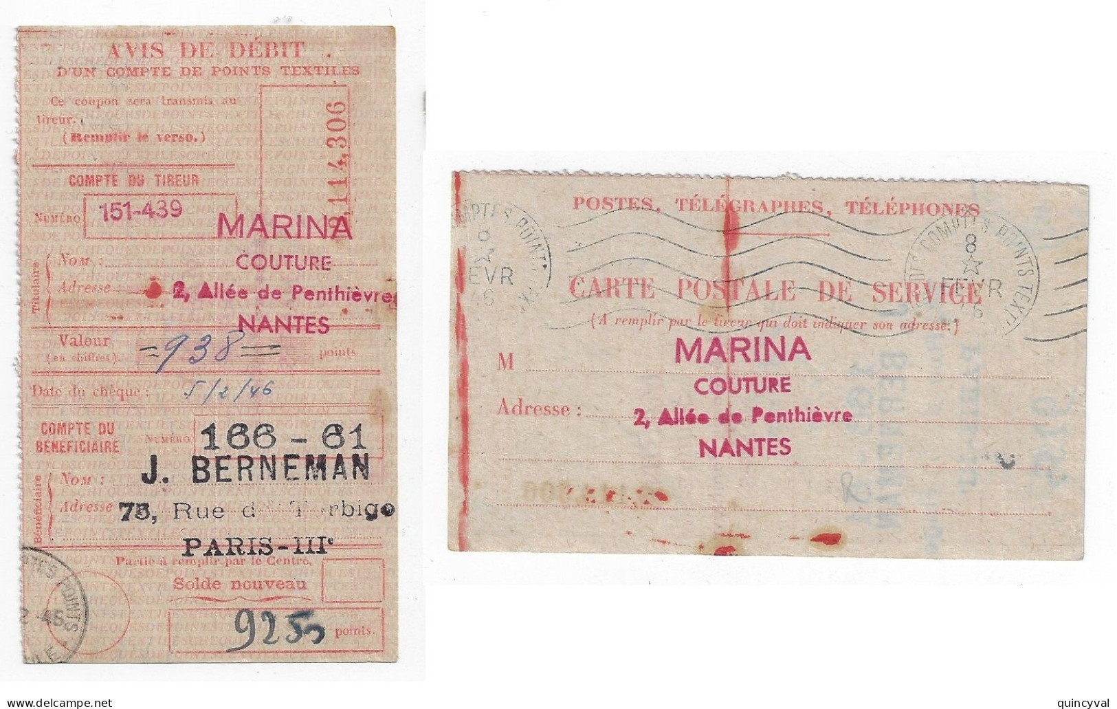 NANTES Marina Couture Compte Points Textiles AVIS DEBIT Ob Meca 8 2 1946 Compte Berneman Paris - Mechanical Postmarks (Other)
