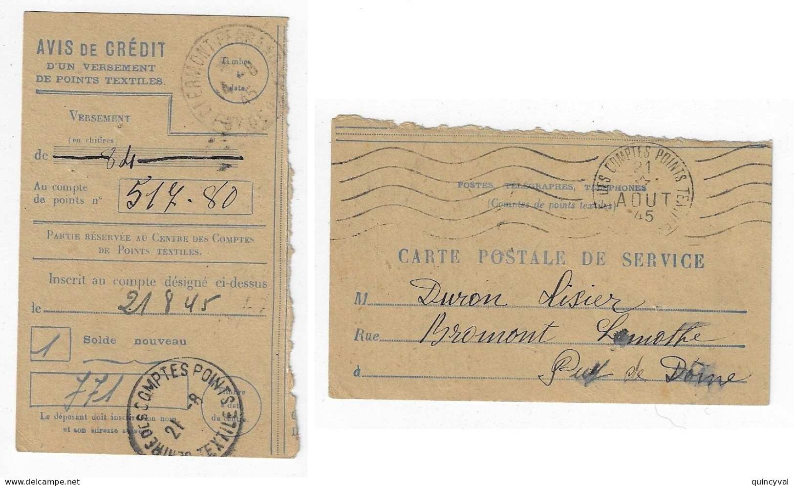 CLERMONT FERRAND Compte Points Textiles AVIS CREDIT Ob Meca 21 8 1945 Compte Duron Tixier - Mechanical Postmarks (Other)