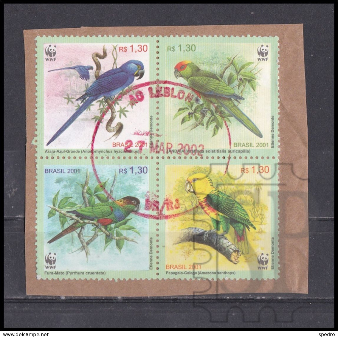 Brasil 2001 Pássaros Hyacinth Macaw Sun Parakeet Ochre-marked Yellow-faced Papagaio Bird Arara Belo Horizonte Marca Dia - Used Stamps