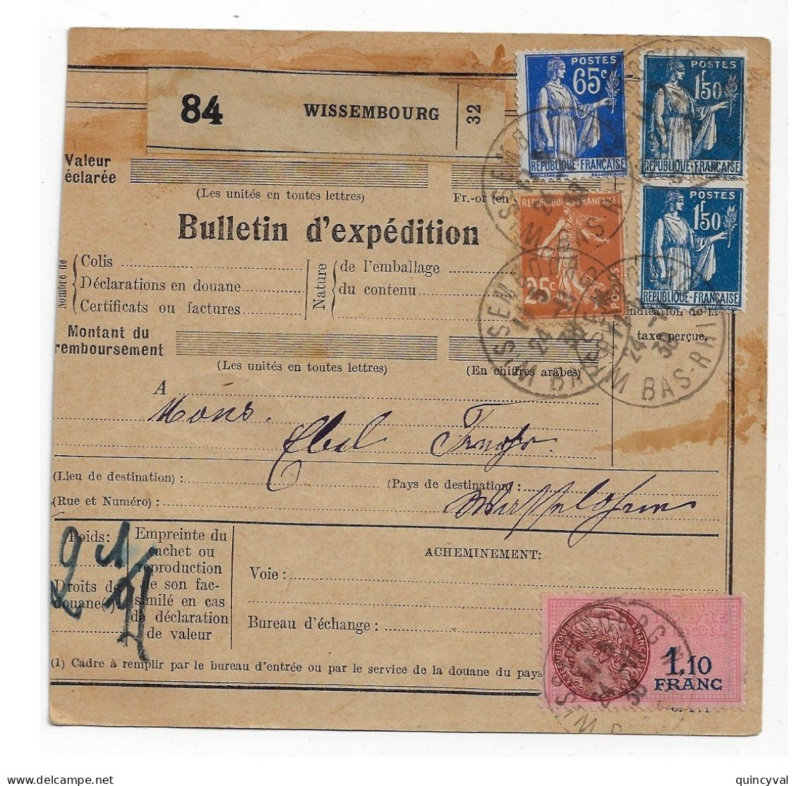 STRASBOURG Bas Rhin Bulletin D'expédition Alsace Lorraine Ob 24 11 1932 Paix 1,50 F 65cYv 288 365 Semeuse Yv 235 25c - Lettres & Documents