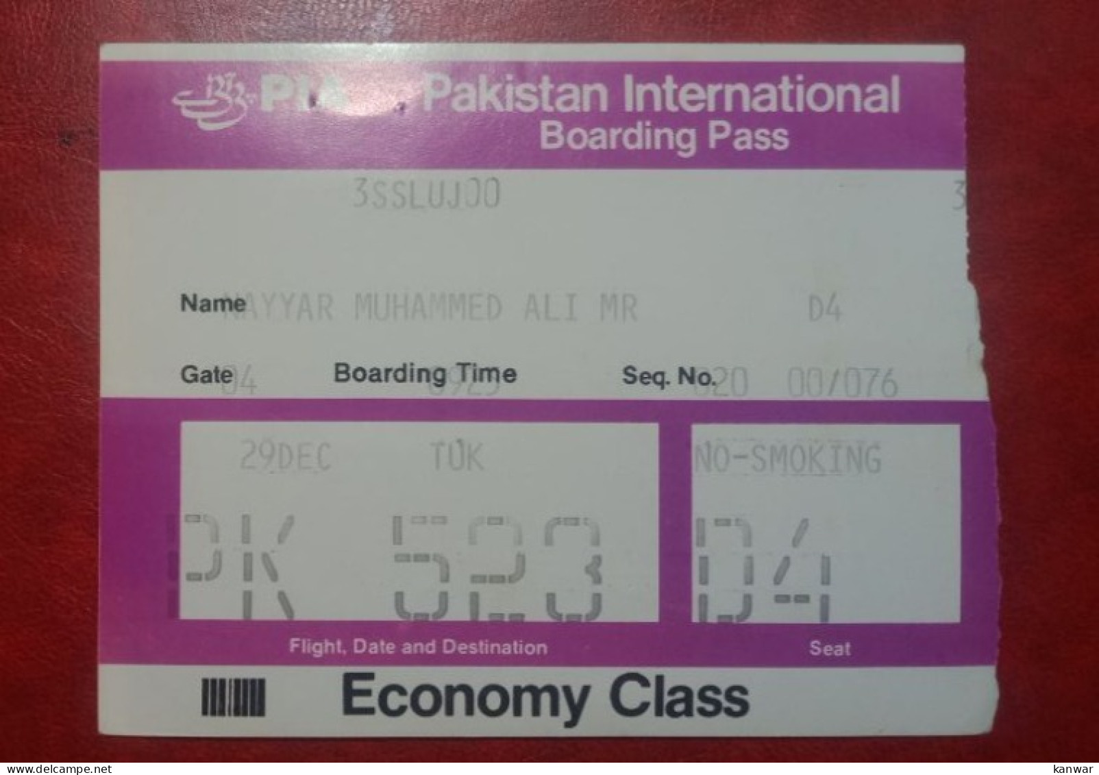 PIA PAKISTAN INTERNATIONAL AIRLINES PASSENGER ECONOMY CLASS BOARDING PASS - Tickets