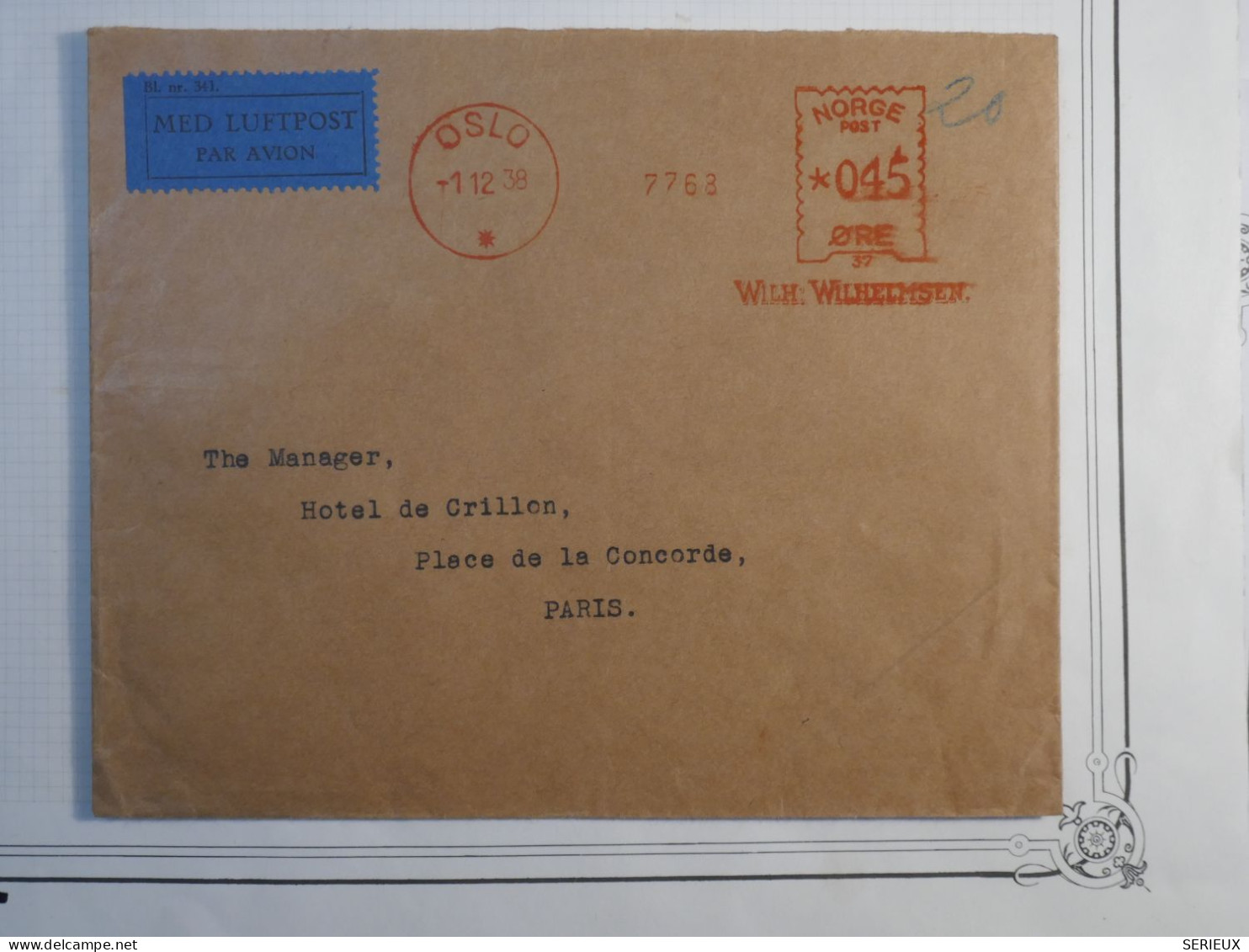 BS3 NORGE  BELLE  LETTRE RARE 1938 OSLO  +COLLECTION HOTEL CRILLON  PARIS +AFF MECANIQUE++++ - Covers & Documents