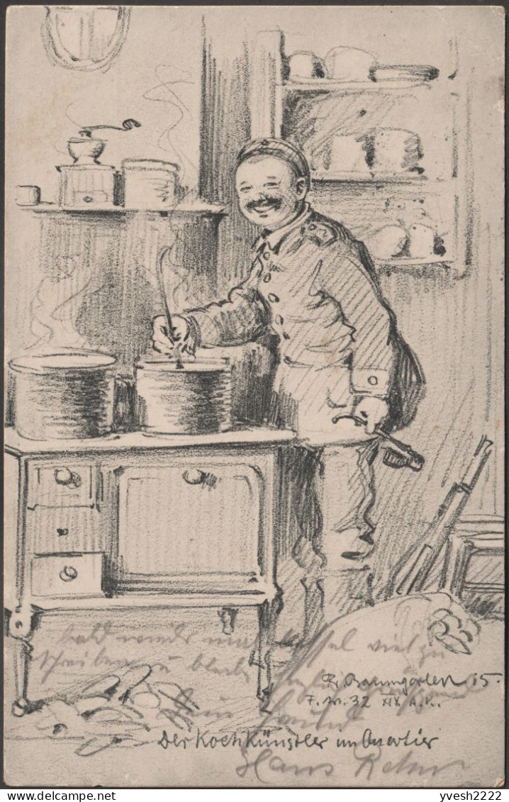 Allemagne 1915. Carte De Franchise Militaire. Dessin D'un Imbécile à La Cuisine Militaire, Moulin à Café, Pipe à La Main - Alimentation